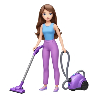 beautiful barbie girl with long brown hair, blue eyes and wearing light purple clothes, cleaning and vacuuming sticker