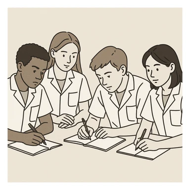 four students wearing short-sleeved white lab coats, no equipment except possibly pens and notebooks, working together, simple illustration style, studious atmosphere, neutral background sticker