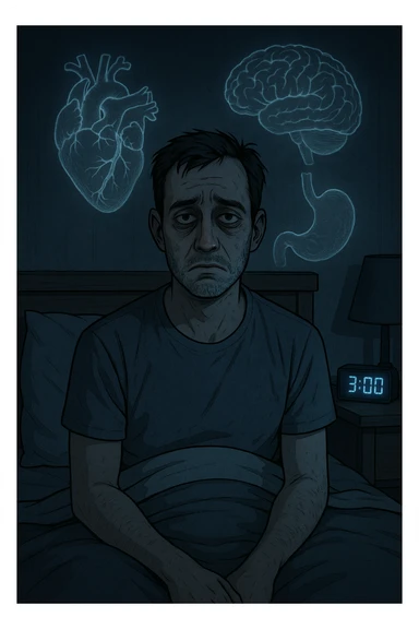 a man sits awake in bed in the middle of the night, dark circles under his eyes and a tired, anxious expression. The room is dimly lit by the blue glow of a phone or digital clock showing 3:00 AM. Around him, faint ghostly overlays of anatomical drawings highlight affected organs—heart, brain, and stomach—symbolizing the physical harm caused by disrupted sleep. sticker