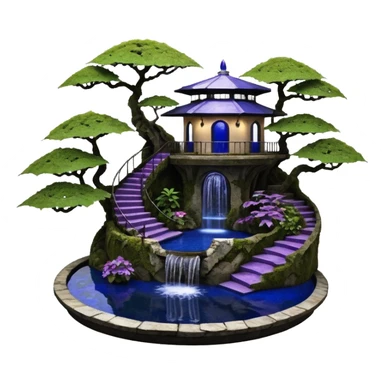 Alien saucer poolhouse jungle-vines winding narrow stairway fountain koi pond mountainside -island getaway nighttime landscape antique mudman very old broken cracked intricate Stone Age lapis-crusted irregular dodecagon-shaped shallow dark moss rough bark violet serissa flowered maple tree bonsai sticker