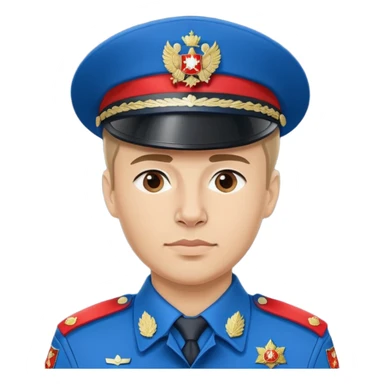 Russian police officer with blue uniform and traditional peaked cap with red band sticker