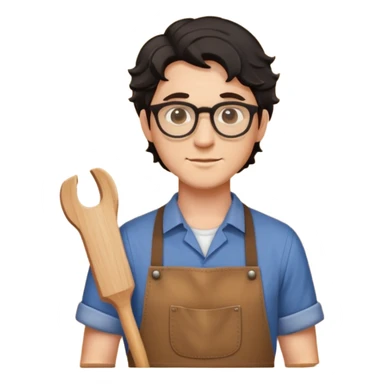 Young caucasian man with black wavy hair, round glasses, brown carpentry apron over a shirt, woodworker sticker