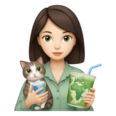 a brunette woman in here 30S drinking an iced matcha, carrying a grey cat and a map of the world sticker