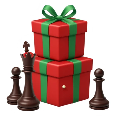 A red gift tied with a green ribbon in a white polka dot, with a knight and pawn chess pieces falling out of the gift sticker