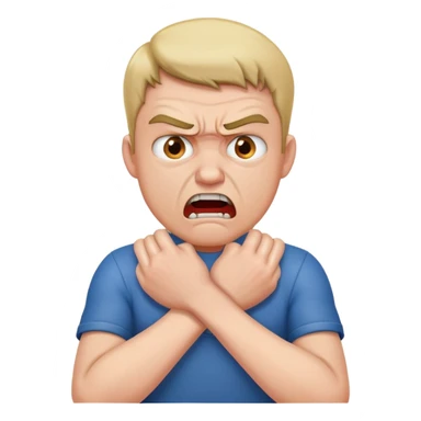 Man chocking himself with his hands while angry sticker