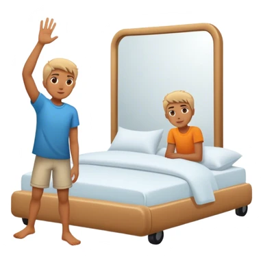 A person stands beside their bed, rolling out groggily with determination. The bed behind them is neatly made, a mirror in front of them shows them high-fiving their reflection. A glowing sunrise outside signals the start of a productive day. sticker