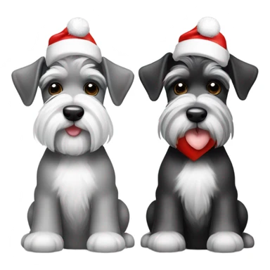 2 miniature schnauzers, 1 grey and 1 black and white, wearing Christmas hats with a heart above them sticker