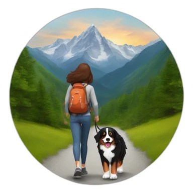 bernese mountain dog hiking with a woman with brown hairr a mountain sticker