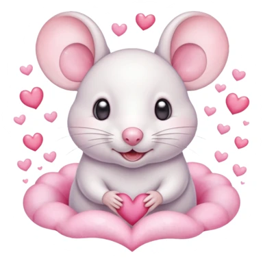 This is a cute watercolor illustration of a small, white cartoon mouse with large, round, pink-lined ears. The mouse has heart-shaped eyes, a small open mouth, and is surrounded by floating pink hearts, conveying a feeling of love, adoration, or strong affection. sticker