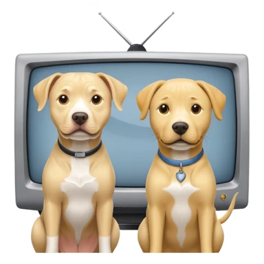 Grey pitbull with yellow lab in front of an tv sticker