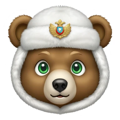 Adorable bear head with big green eyes and soft expression, wearing white fluffy ushanka with detailed Russian emblem in center, iOS emoji style sticker