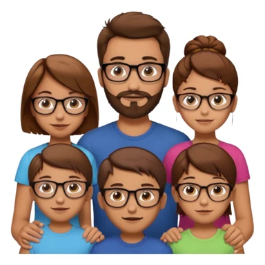 group portrait of white European family, man with brown hair and beard, woman with brown hair bun and glasses, 10-year-old boy with short brown hair, 8-year-old girl with long brown hair, 6-year-old boy with short red hair, emoji style sticker