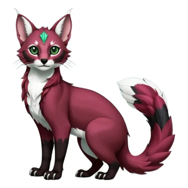 Colorful dark tropical tribal-marked dark burgundy wine-red obsidian-black jade-green white glorious iridescent divine exotic cute cool beautiful beautiful fantasy-caracal-civet-genet-sergal-vernid-Gryphon-Cacomistle-Trico-oncilla-animal-Fakémon-hybrid-fursona (full body) sticker