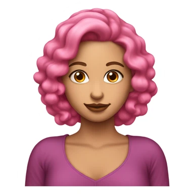 Una chica morenita, con ojos rosados, y pelo rizado largo rosado, ropa blanca sticker