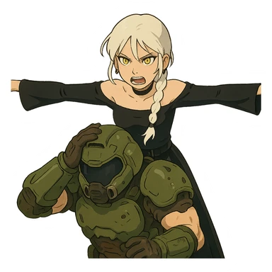  young woman with gold yellow eyes, white hair, long braid, black off-shoulder top, punk gothic style, futuristic cyberwave cyberpunk,, she is aggresively t-posing over a cowering doomguy sticker