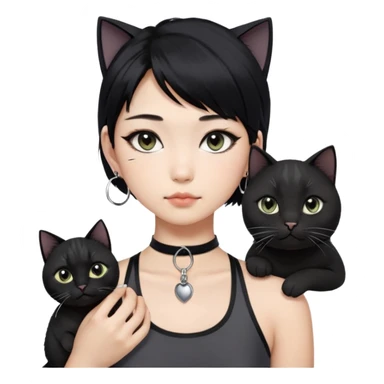 Asian girl, black hair with grey highlights , slightly longer than shoulder.  Holding two BLACK cats. one cat has a round fat face, the other one has a slightly slimmer face. Both pure black.  The girl also wearing a black singlet, a black chocker, silver round hook earring, and wearing eyeliner.  sticker