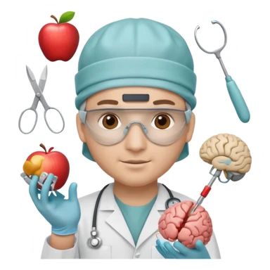 neurosurgeon wearing surgical cap and mask, holding brain model, surrounded by many surgical tools, apple emoji style sticker