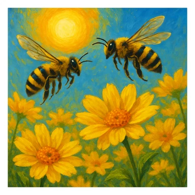 Two bees flying over yellow flowers with a sun in the background, vibrant yellow flowers and bright sun, black and yellow bees, variation 4 sticker