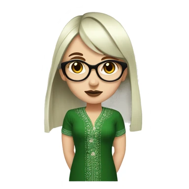 White girl in a green kurta with flower design, glasses, alot of piercing, gay, red lips, nose ring, full body, short straight black edgar hair, black straight hair, front bangs sticker