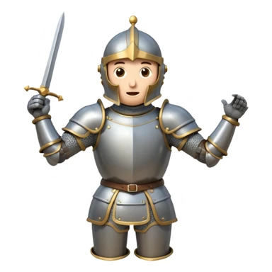 A cartoon knight in full armor with a closed helmet, expressing surprise. The knight's head is tilted slightly upward, arms raised in astonishment, and legs slightly apart. sticker