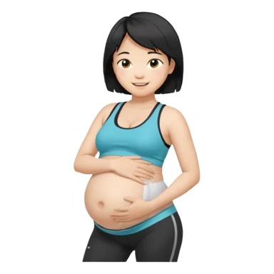 pregnant asian boy with short messy black hair wearing a sports bra with leggings holding his belly sticker