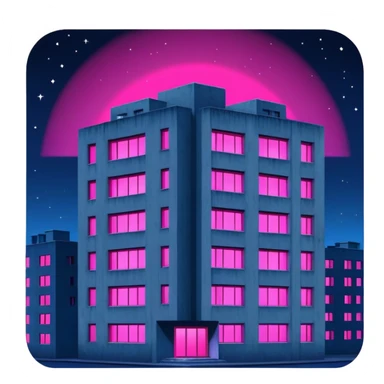 Soviet-style apartment block at night, stark concrete silhouette against dark blue night sky, single window emitting vibrant pink ultraviolet light, ghetto ambience sticker