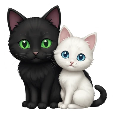 Black cat with green eyes cuddling next to small white kitten with blue eyes  sticker