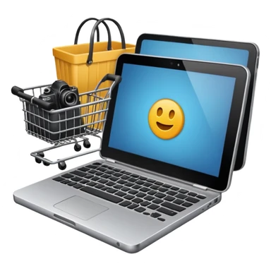 shopping basket with a laptop, smartphone, and camera inside emoji sticker