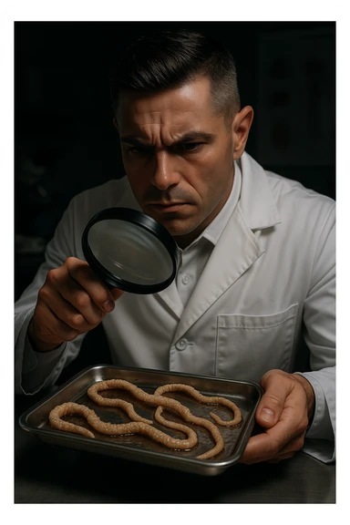 A middle-aged male kinesiologist wearing a pristine white lab coat, intensely analyzing long, beige tapeworms (like Taenia) under a magnifying glass. His expression is focused and slightly concerned, with dramatic studio lighting casting sharp shadows. The parasites are highly detailed, moist, and textured, stretched across a sterile metal tray. The background is blurred but suggests a clinical environment—hints of a microscope, medical charts, and clean lab equipment. The style is hyper-realistic, with a cinematic contrast between the bright white coat and the grotesque, organic forms of the parasites. No sci-fi elements, just raw medical realism with a disturbing edge sticker