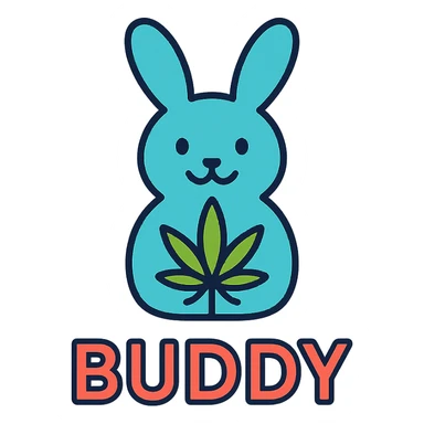 minimal rabbit logo for a cannabis AI chatbot named Buddy, incorporating a stylized cannabis leaf, simple and memorable sticker