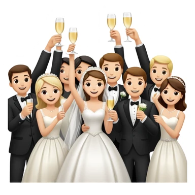 Wedding party raising joints for a celebratory toast, colorful wedding group with bride and groom at the center, cheerful cartoon style sticker