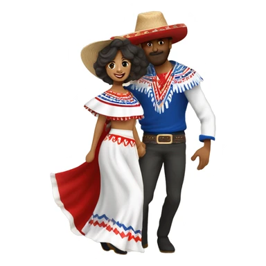 pareja de hombre y mujer bailando danza folcórica chilena llamada cueca. El hombre usa sombrero de huaso y poncho con colores cafés y la mujer usa vestido blanco con detalles rojos y azules sticker