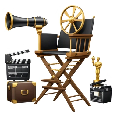 Icon for Directing: a director's chair, a large film camera, a megaphone, a stage set with lights and an Oscar statuette. The icon should represent the creative and leadership aspects of directing, with focus on film and theater production. Transparent background. sticker