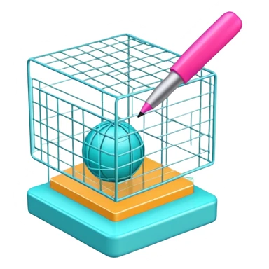 Create an emoji for 3D visualization and modeling. Show a 3D object with wireframe lines and a 3D modeling tool interface. Use modern, professional colors. Do not include any emojis or smiley faces. Make the background transparent. sticker
