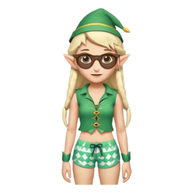 elf female legolas portrait, patterned board shorts (geometric/abstract), unique wooden-framed sunglasses, undercut hairstyle, slight smirk, visible pointy ears, no background, centered emoji, hipster summer vibe coctails with summer hat sticker