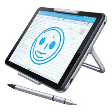 Create an emoji for 3D visualization and modeling. Show a large graphic tablet with a stylus drawing in a 3D modeling program, displaying a wireframe model on the screen. Use modern, professional colors. Do not include any emojis or smiley faces. Make the background transparent. sticker