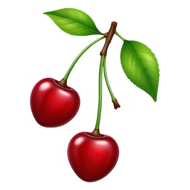 A pair of glossy red cherries with green stem and leaf sticker