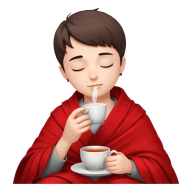 A European boy is sitting wrapped in a red blanket, drinking tea with his eyes closed. sticker