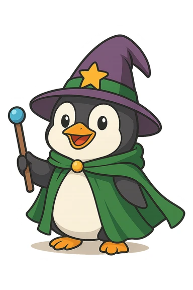A penguin wizard with a pointy hat and a magic wand and a green cape with no background sticker