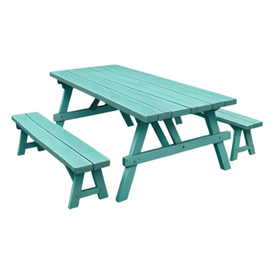 functional scenic prop picnic table with benches, soft teal, straight vertical legs, wheels, flat wood-style silhouette, clean geometry, minimal shading sticker