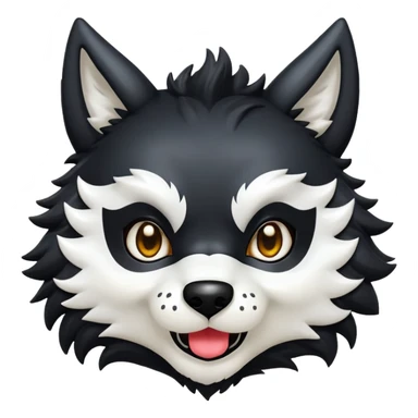 Create a cute, expressive emoji of Puro, the latex wolf from the game Changed. He should have a black, fluffy body, a white mask-like face, large expressive eyes, and pointy ears. The emoji should be in a chibi art style, with a transparent background, suitable for use in messaging apps. Depict Puro showing a joyful expression. sticker