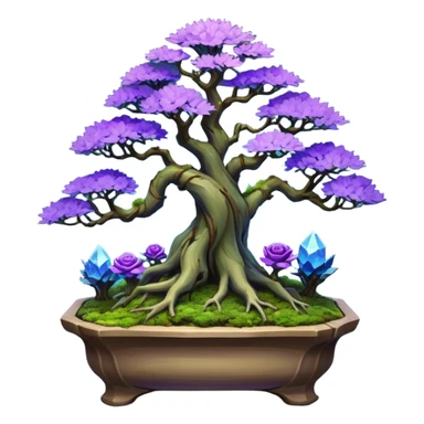 Futuristic wild glowing space alien moss maples Bonsai hair-pine-leaf group multi faceted intricate crystalline inspired boxwood purple rose blue informal rocky cliffhanger eight trees forest planting in shallow willow slab style pot with big animal-like feet  sticker