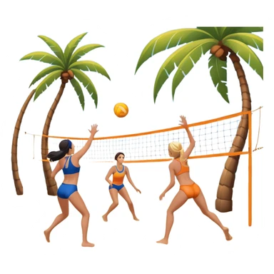 A volleyball resting on the orange sand of a beach, with a volleyball net in the background. The scene includes a beautiful beach landscape with blue sea, sky, and palm trees, while a couple of women in swimsuits play in the distance, capturing the relaxed yet competitive vibe of beach volleyball. sticker