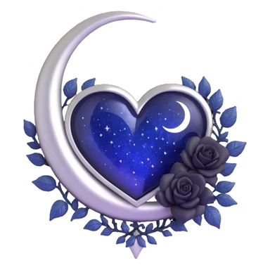 gothic heart, midnight blue glass texture, silver crescent moon, tiny black roses, mysterious and rich style, shimmering stardust sticker