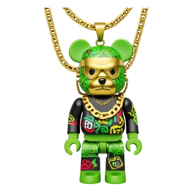 classic bearbrick figure with lime green mask covered in chaotic brand logos, wearing several large gold chains, gold pendant, rapper style accessories, expressive eyebrows sticker