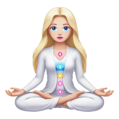 A cinematic realistic blonde with long hair, blue eyes, pink lips in white clothes meditates, her chakras glow sticker