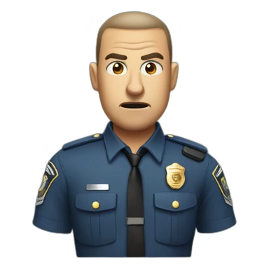 Angry policeman in uniform without a hat and a buzz cut sticker