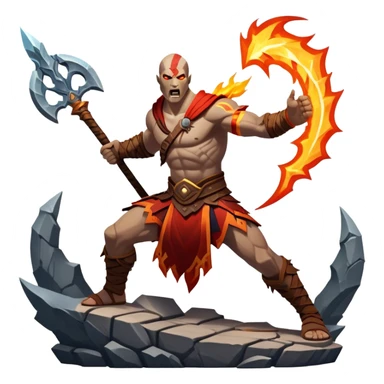 An icon showing a powerful warrior wielding a weapon, ready for battle, inspired by God of War: Ragnarok. The design features a fiery, war-torn landscape with broken statues and lightning in the sky, symbolizing epic combat. Transparent background highlights the action. sticker