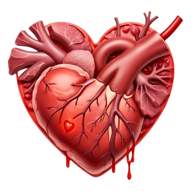 Glowing pieces of red meat and liver floating around a bright red heart and shining blood cells. Red energy streams connect the meats to the blood and heart, showing how heme iron creates vitality and supports circulation throughout the body. sticker