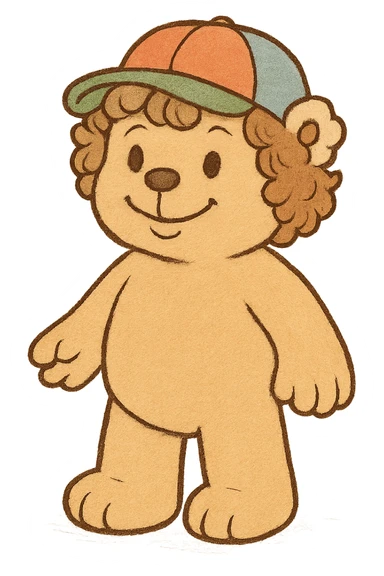 Create a hand drawn cartoon style illustration inspired by Bobbie Goods and Cuzy coloring books. Use soft lines, clean strokes, and a cute, cozy appearance. The character should have a teddy bear body, colorful cap, curly hair, and a friendly smile. The background should be white and ready for coloring. sticker